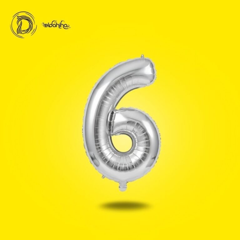 بالونات هيليوم رقم 6 بلون فضي لامع، مثالية لتزيين المناسبات الخاصة، بخامة ممتازة تعيش فترة طويلة وتحافظ على شكلها.